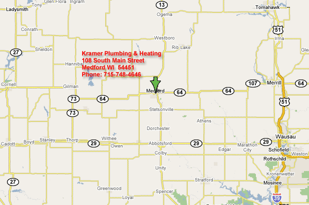 Map to Kramer Plumbing and Heating in Medford, Wisconsin